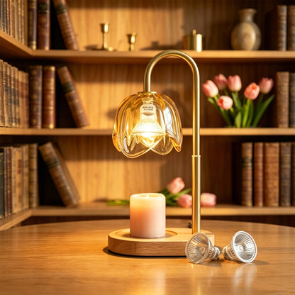 AOLIGO Electric Candle Warmer Lamp with Timer Adjustable Height Dimmable Flower Glass Wax Melting Light Wooden Base for Small Jars, Yellow