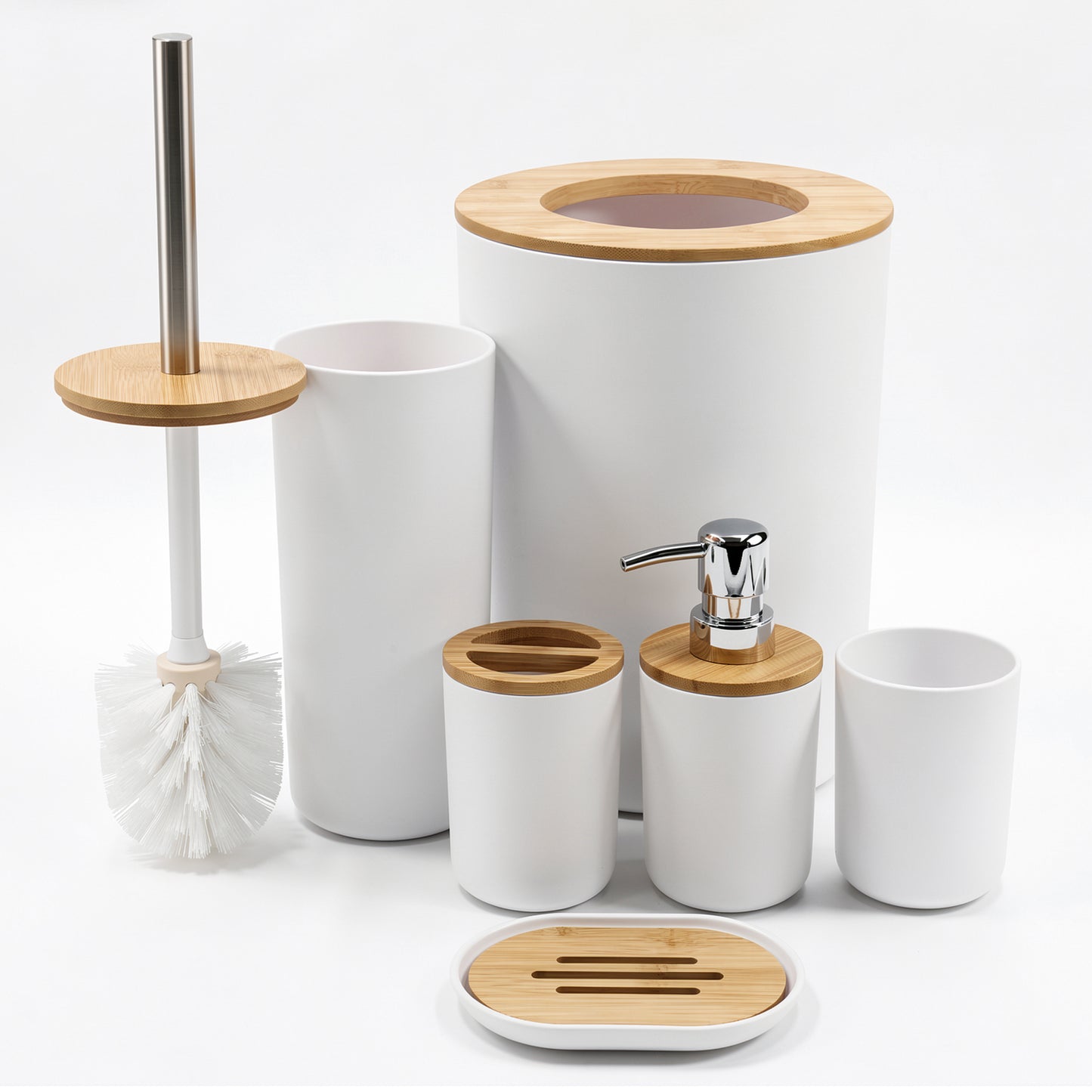 LZSDS 6 Piece Bathroom Accessory Set, Plastic Soap Dispenser with Trash Can and Toilet Brush for Vanity Countertop