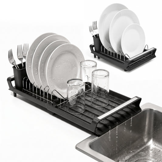 Riousery Expandable Dish Drying Rack with Drainboard, Compact Countertop Dish Drainer with 8-Plate Stainless Steel Rack, 2-Compartment Utensil Holder, Space Saving, Black