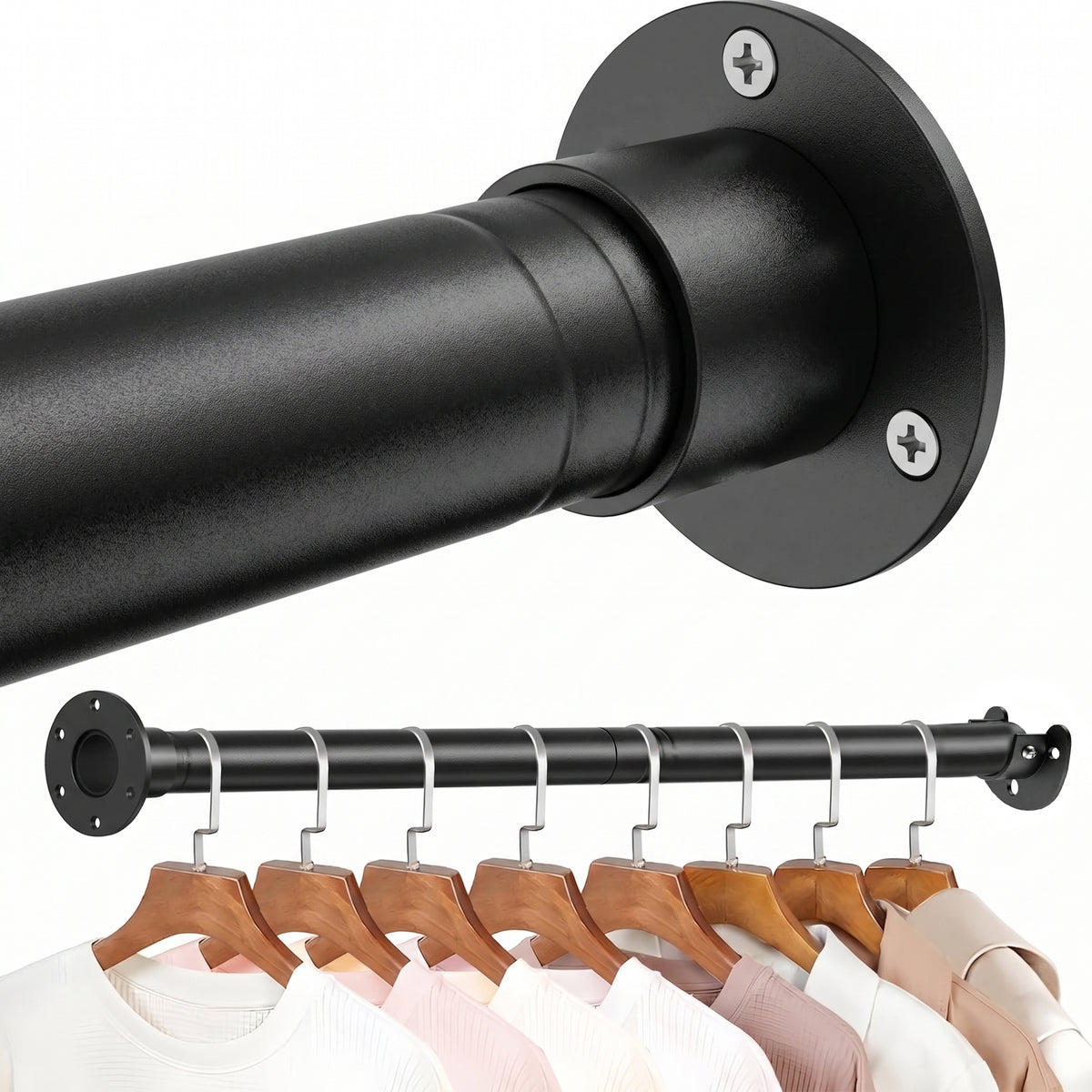Riousery Heavy Duty Closet Rod, 17.7-67.7 Inch Adjustable Metal Closet Bar, Wall Mounted Clothes Hanging Rod, Sturdy Design, Matte Black