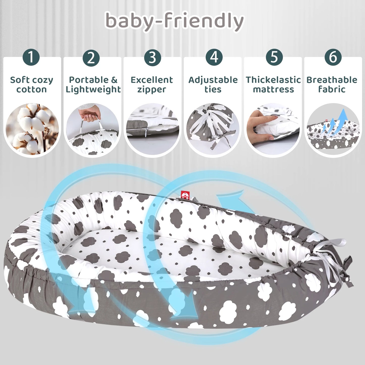 TAYYEE Baby Playmat for 0-24 Months, Portable Infant Lounger with Carry Handle, Gray, 34 x19 Inches