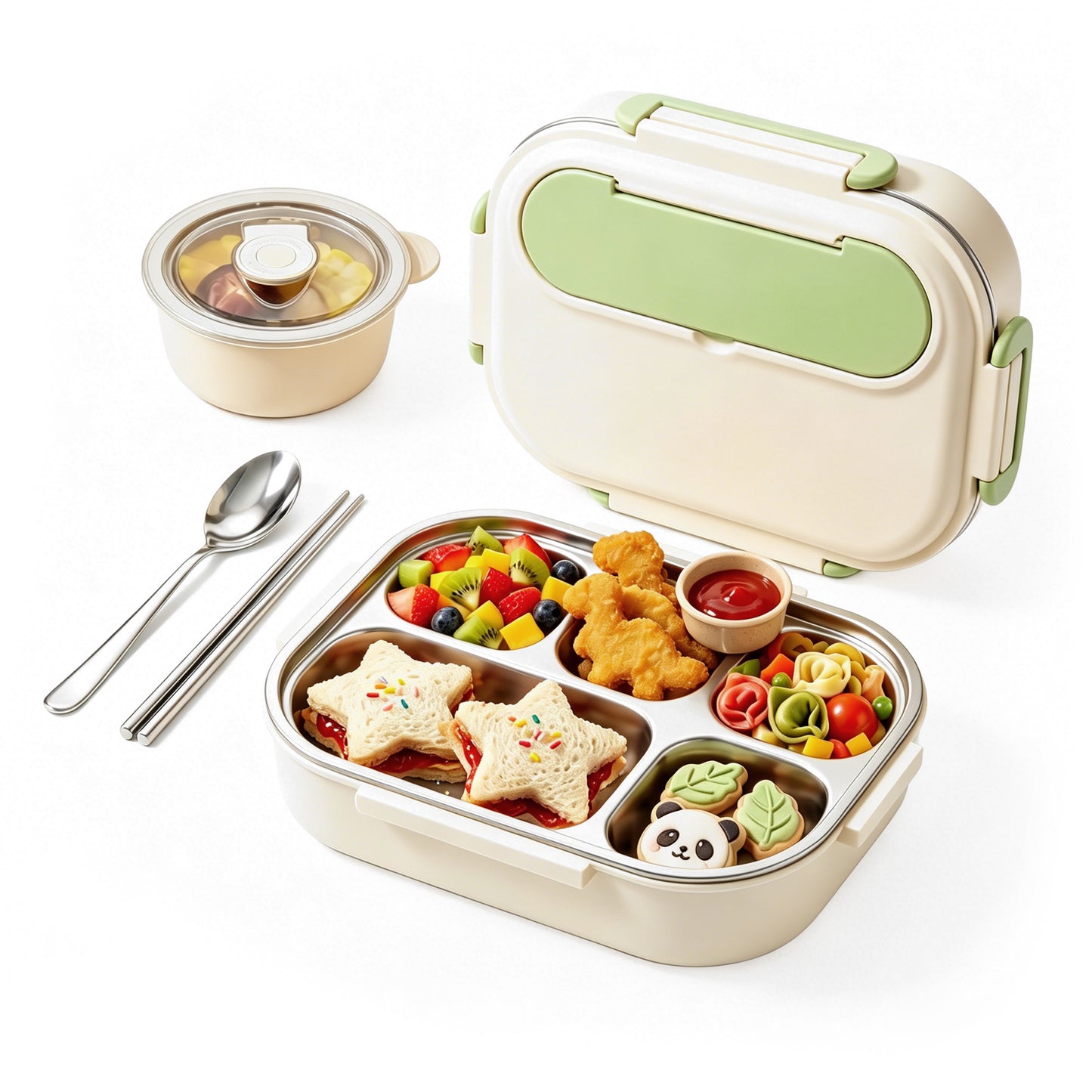 M Buder Bento Box for Kids, Leak-Proof 304 Stainless steel Lunch Box with 5 Compartments , Double Insulated Food Jar, Fork, Spoon, Green