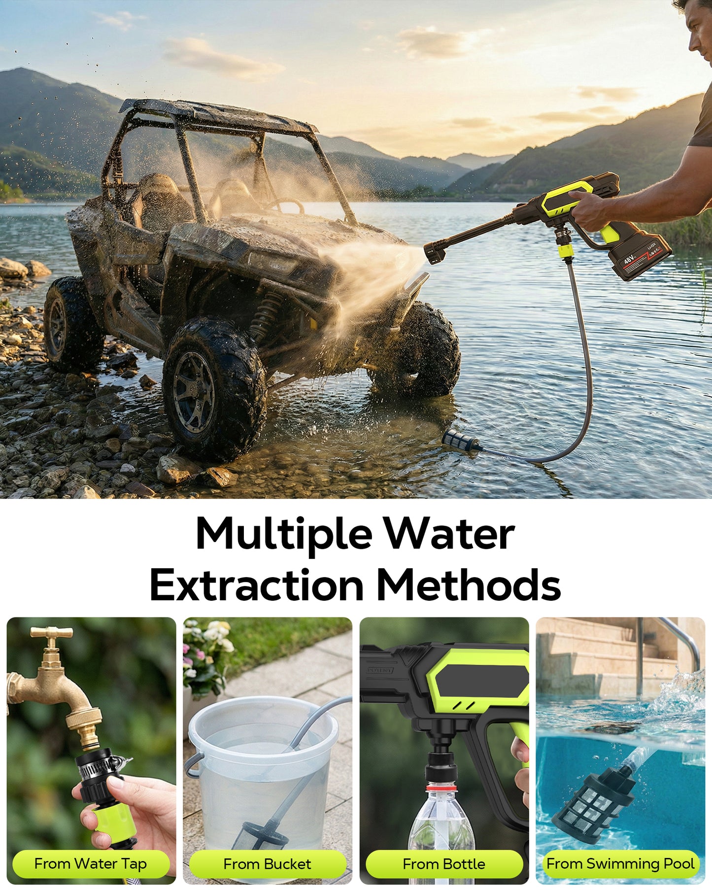OHHANI Cordless Pressure Washer, 1000PSI 2.4GPM 6-in-1 Nozzles, Portable Handheld Pressure Washer, 48V with Two 1500mAh Batteries, Suitable for Home Car Garden