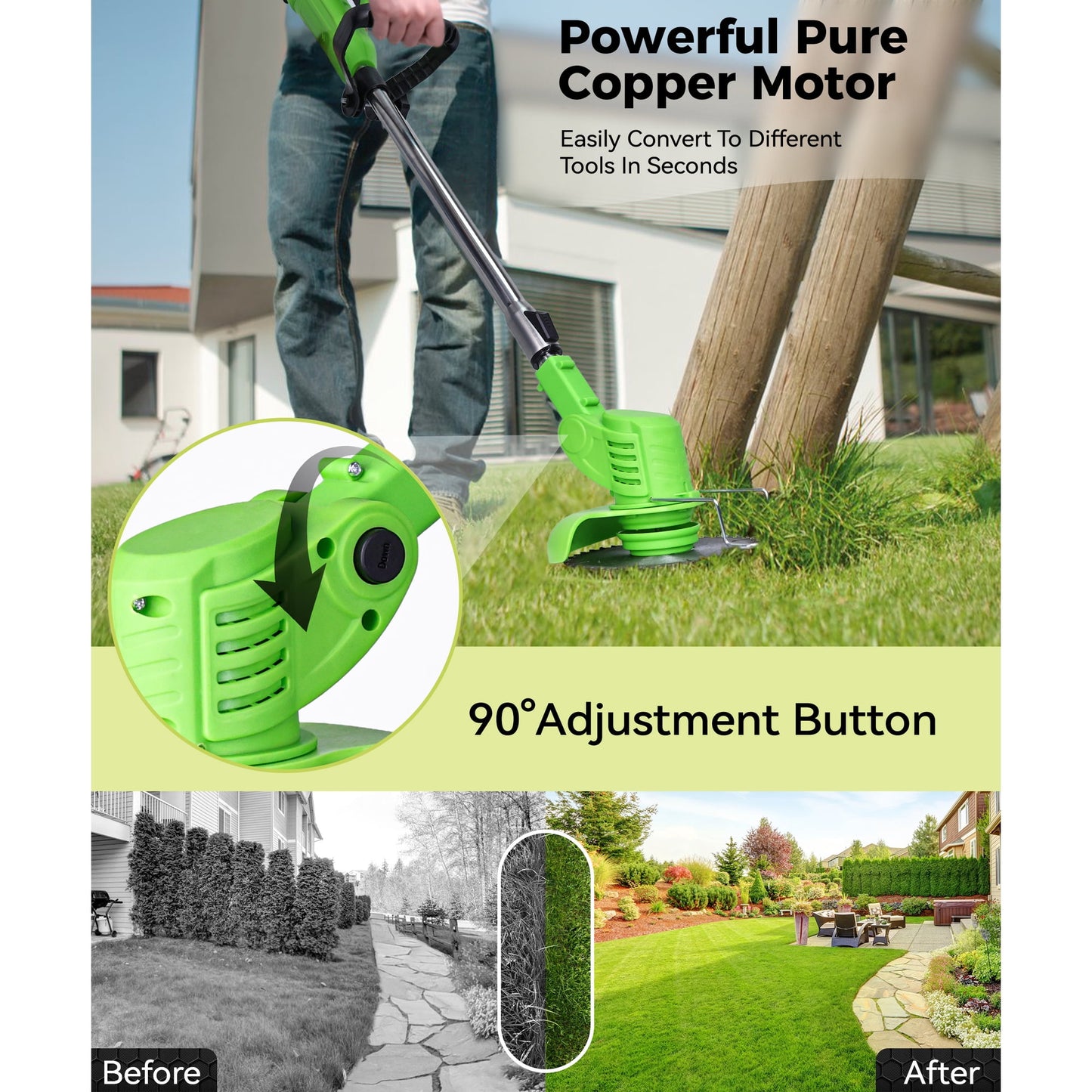 HOTREE Cordless String Trimmer Battery Powered 21V - Trimmer, Edger, and Mower with Multiple Blades for Garden
