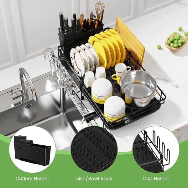 Riousery Retractable Dish Drying Rack for Kitchen Countertop, Compact Dish Rack with Drainboard Tray, Cutting Board/Utensil Holder,Black