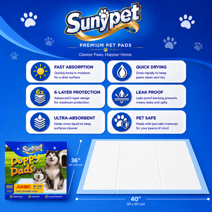 Sunypet Puppy Pads Disposable Dog Potty Training Pads, Quick Dry, Ultra Absorbent,Jumbo 36"x40", 100ct