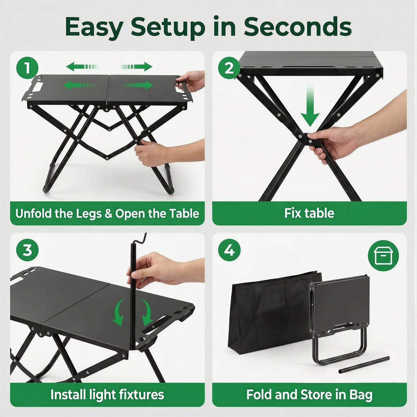 OHHANI Portable Folding Camping Table with Lantern Stand, Lightweight Tactical Aluminum Picnic Table with Storage Bag, Black