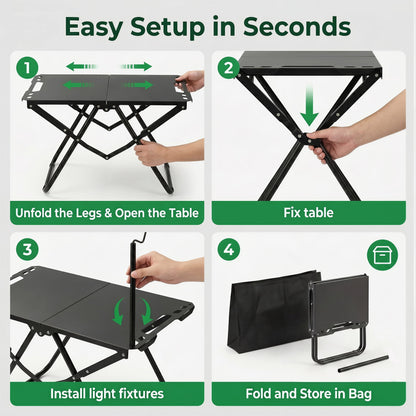 OHHANI Portable Folding Camping Table with Lantern Stand, Lightweight Tactical Aluminum Picnic Table with Storage Bag, Black