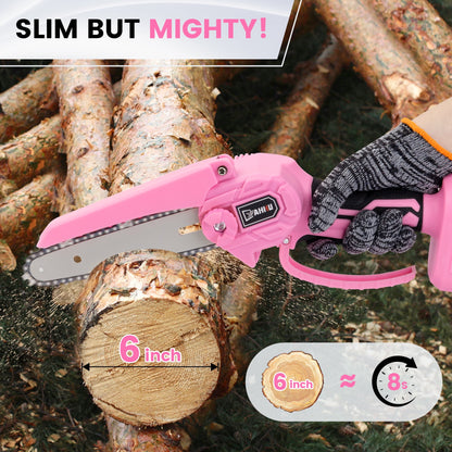 YAHHU 6 inch Lovely Pink Mini Chainsaw, Portable Handheld Electric Cordless Chainsaw,21V Battery,New