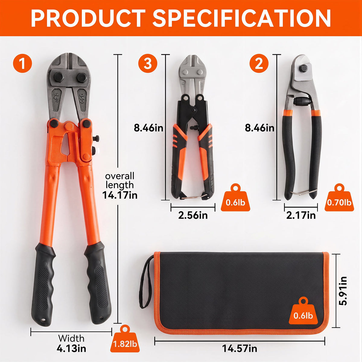 OHHANI 3-Piece Bolt Cutter Set, 14" Heavy Duty & 8" Mini Sizes, 8" Wire Rope Cutter, CR-V Blades, Portable Carry Case for Locks, Chains & Iron Wire