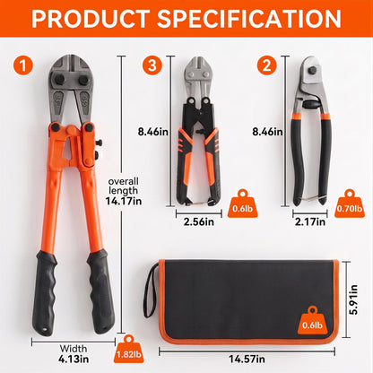 OHHANI 3-Piece Bolt Cutter Set, 14" Heavy Duty & 8" Mini Sizes, 8" Wire Rope Cutter, CR-V Blades, Portable Carry Case for Locks, Chains & Iron Wire