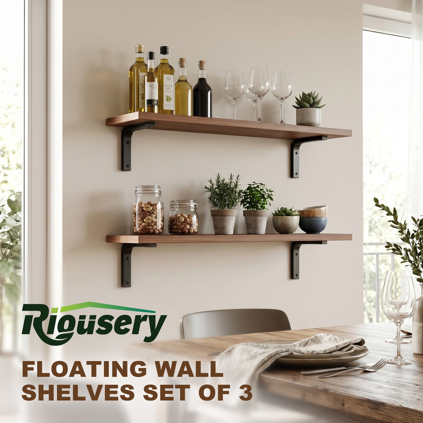 Riousery Wood Floating Shelves Set of 2, 23.6" Wall Mounted Shelves with Metal Brackets, Walnut Wall Shelves for Bathroom, Bedroom, Living Room, Kitchen
