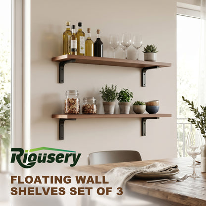 Riousery Wood Floating Shelves Set of 2, 23.6" Wall Mounted Shelves with Metal Brackets, Walnut Wall Shelves for Bathroom, Bedroom, Living Room, Kitchen