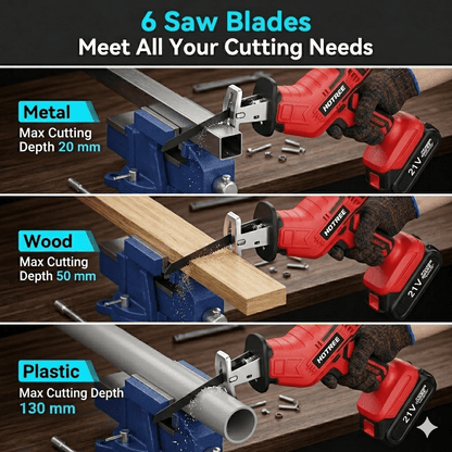 HOTREE Cordless Reciprocating Saw, Variable Speed, 2 x 2.0Ah Batteries, Blades Kit for Wood, Metal, PVC Cutting, Red