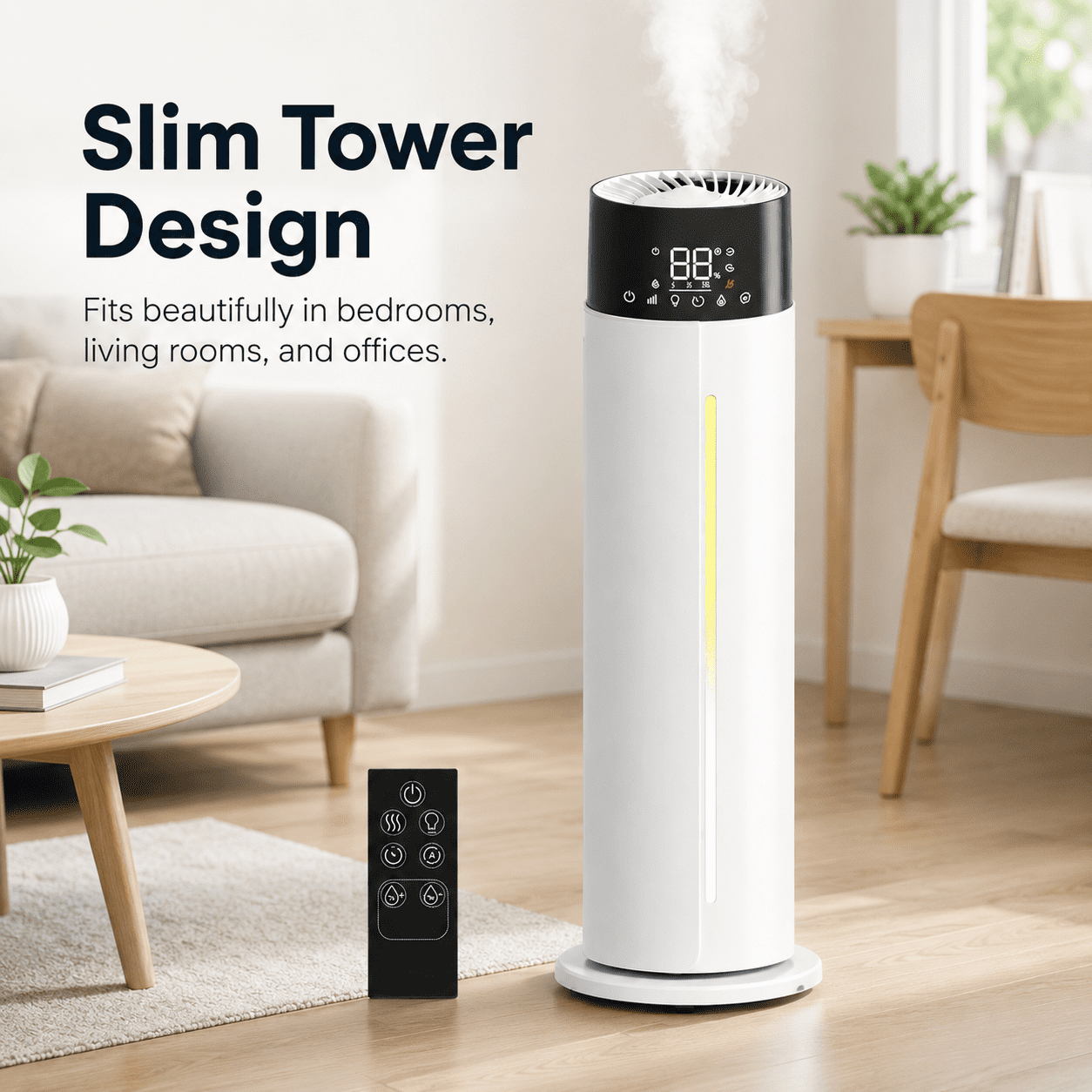 Reelexia 11L Top Fill Tower Humidifiers for Large Room, Cool Mist Floor Humidifier with Wheels, Humidistat, Remote, 1-24H Timer, Night Light, Aroma Tray, White