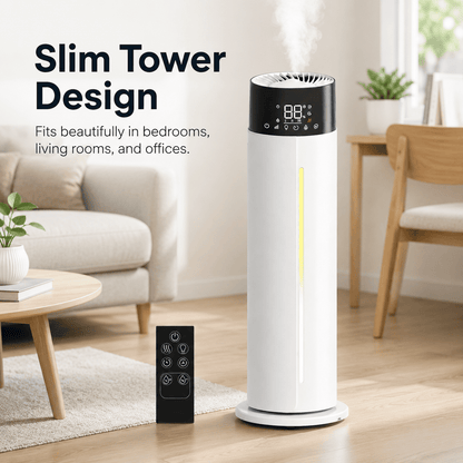Reelexia 11L Top Fill Tower Humidifiers for Large Room, Cool Mist Floor Humidifier with Wheels, Humidistat, Remote, 1-24H Timer, Night Light, Aroma Tray, White