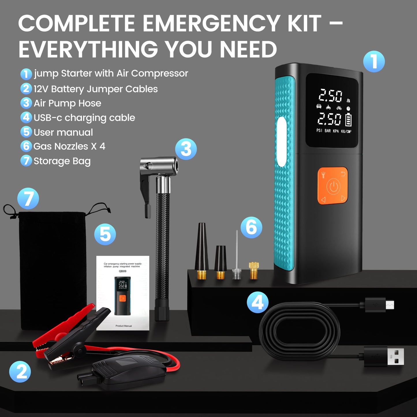 Floray Car Jump Starter with Air Compressor – 16V Jump Pack & Tire Inflator with 5 Pressure Modes, Power Bank, Emergency LED Light, and Smart Safety Protection
