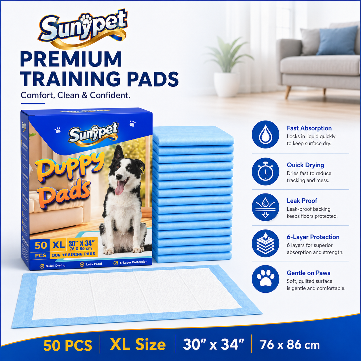 Sunypet Puppy Pads Disposable Dog Potty Training Pads, Quick Dry, Ultra Absorbent, XL 30"x34", 50ct