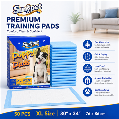 Sunypet Puppy Pads Disposable Dog Potty Training Pads, Quick Dry, Ultra Absorbent, XL 30"x34", 50ct
