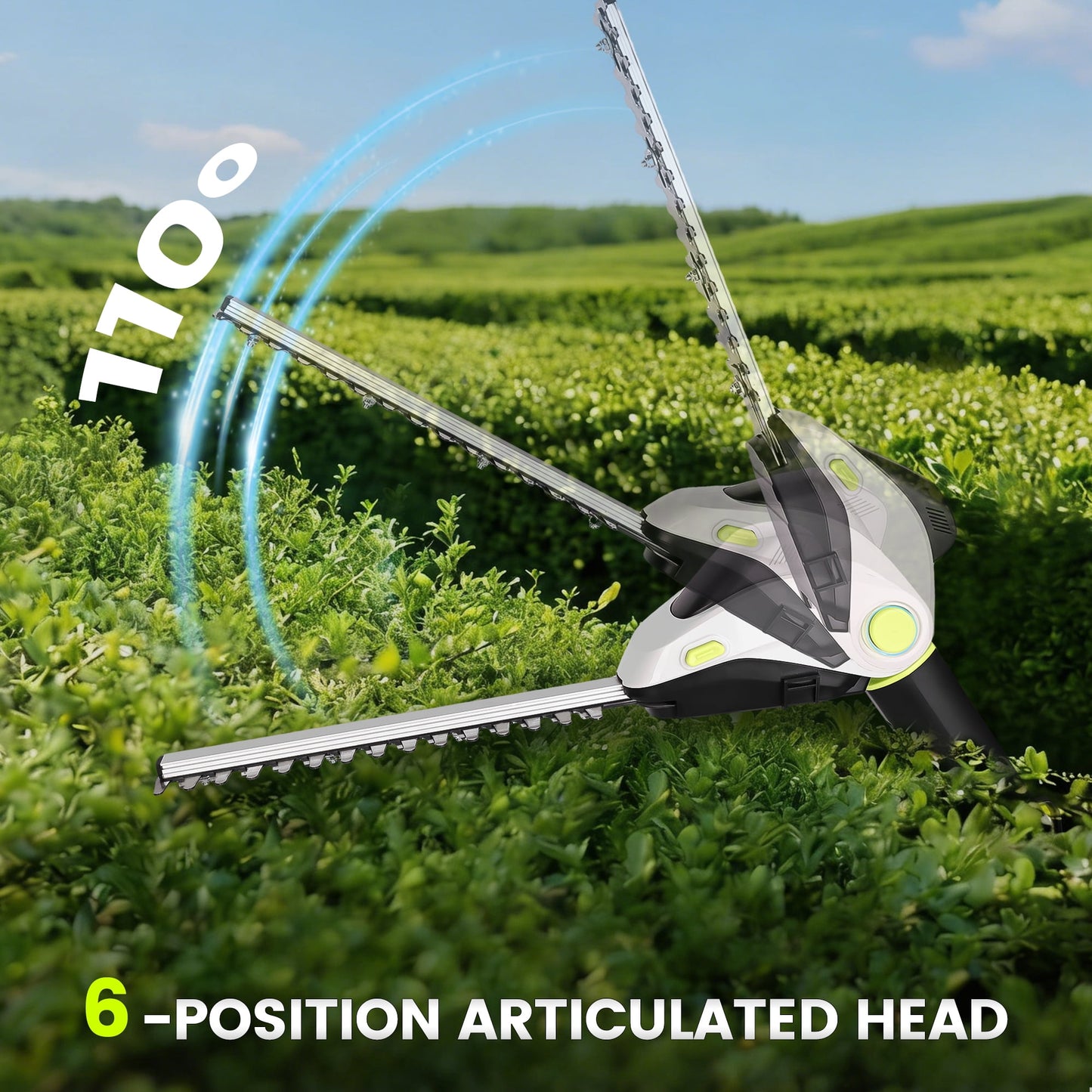HOTREE 21V Cordless Pole Hedge Trimmer with 2 x 2.0Ah Batteries and Charger, 12ft Reach 3-in-1 Foldable Hedge Shrub Trimmer and Grass Shear ,Grey