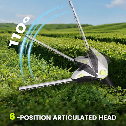 HOTREE 21V Cordless Pole Hedge Trimmer with 2 x 2.0Ah Batteries and Charger, 12ft Reach 3-in-1 Foldable Hedge Shrub Trimmer and Grass Shear ,Grey
