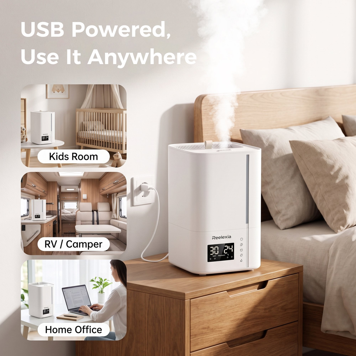 Reelexia 6L Cool Mist Humidifiers for Large Room, Home Ultrasonic Humidifier with Humidistat, Sleep Mode, Night Light, Aroma Tray,White