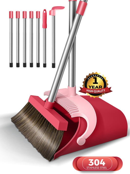 BIMZUC Broom and Dustpan Set for Home, Extendable to 51'' Long Handle Broom Dust Pan Comb, Pink