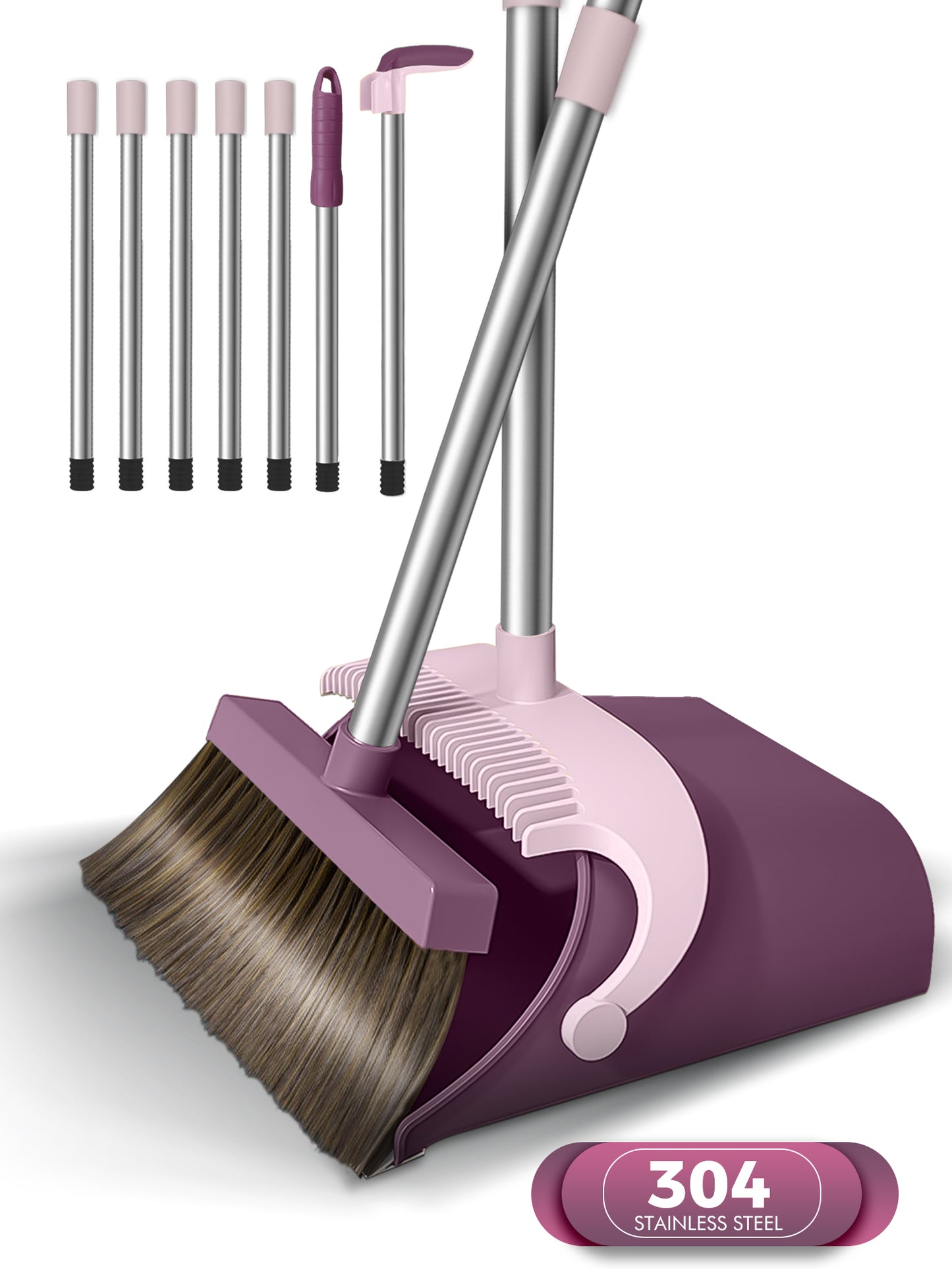 BIMZUC Broom and Dustpan Set for Home, Extendable to 53'' Long Handle Broom Dust Pan Comb, Purple