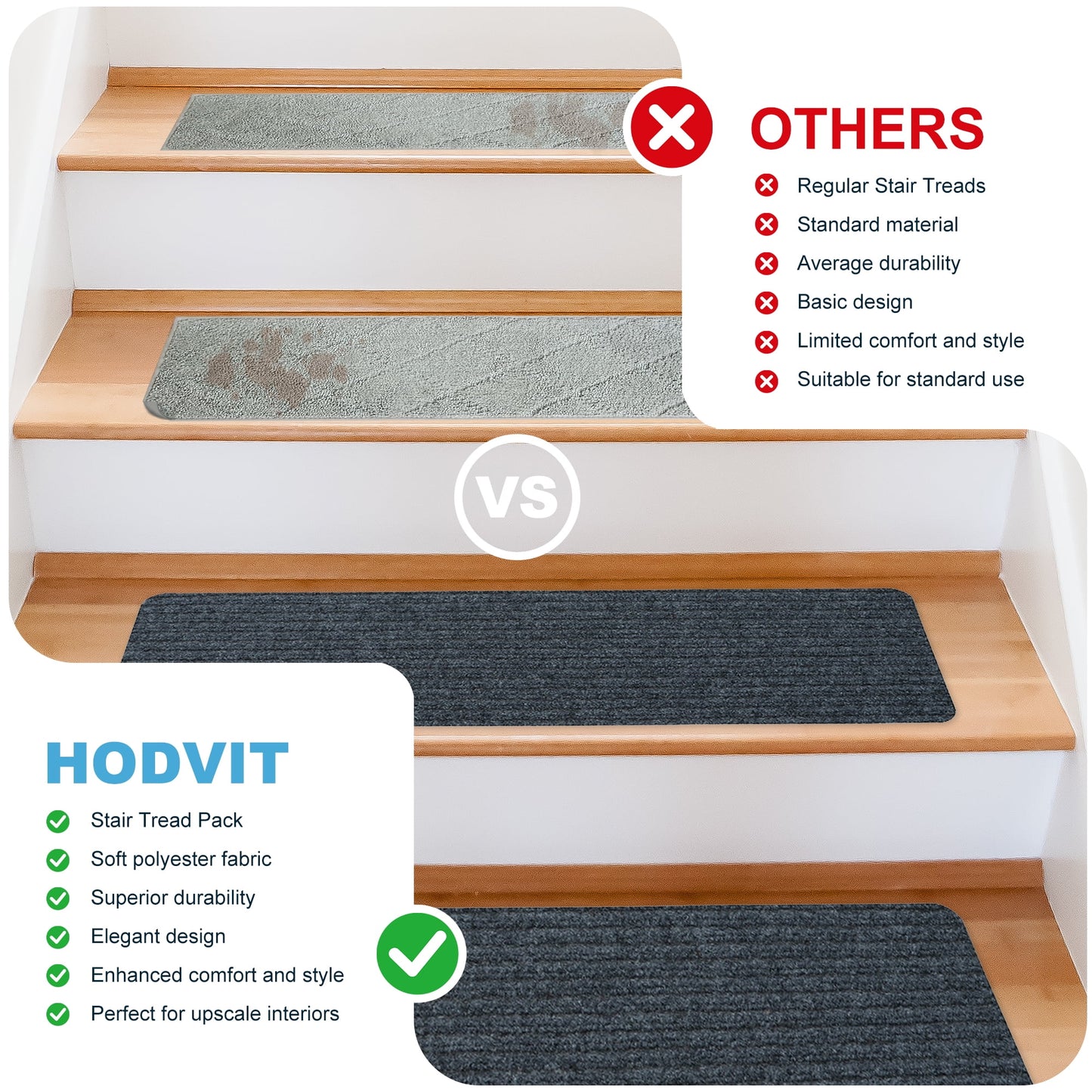 Hodvit Stair Treads 30"x8" (15 Pcs), Carpet Stair Treads for Wooden Steps Indoor, Self Adhesive Stair Anti Slip Mats , Safety Mats for Dogs, Kids & Elders Gray Stripe