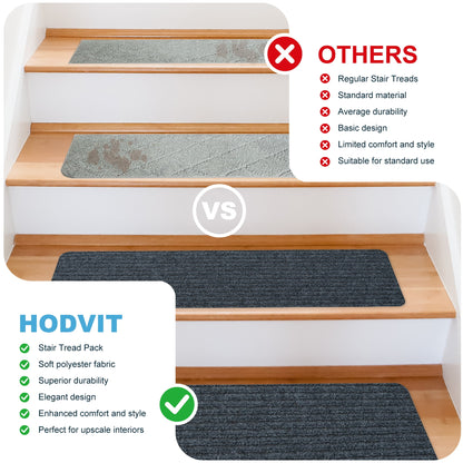 Hodvit Stair Treads 30"x8" (15 Pcs), Carpet Stair Treads for Wooden Steps Indoor, Self Adhesive Stair Anti Slip Mats , Safety Mats for Dogs, Kids & Elders Gray Stripe