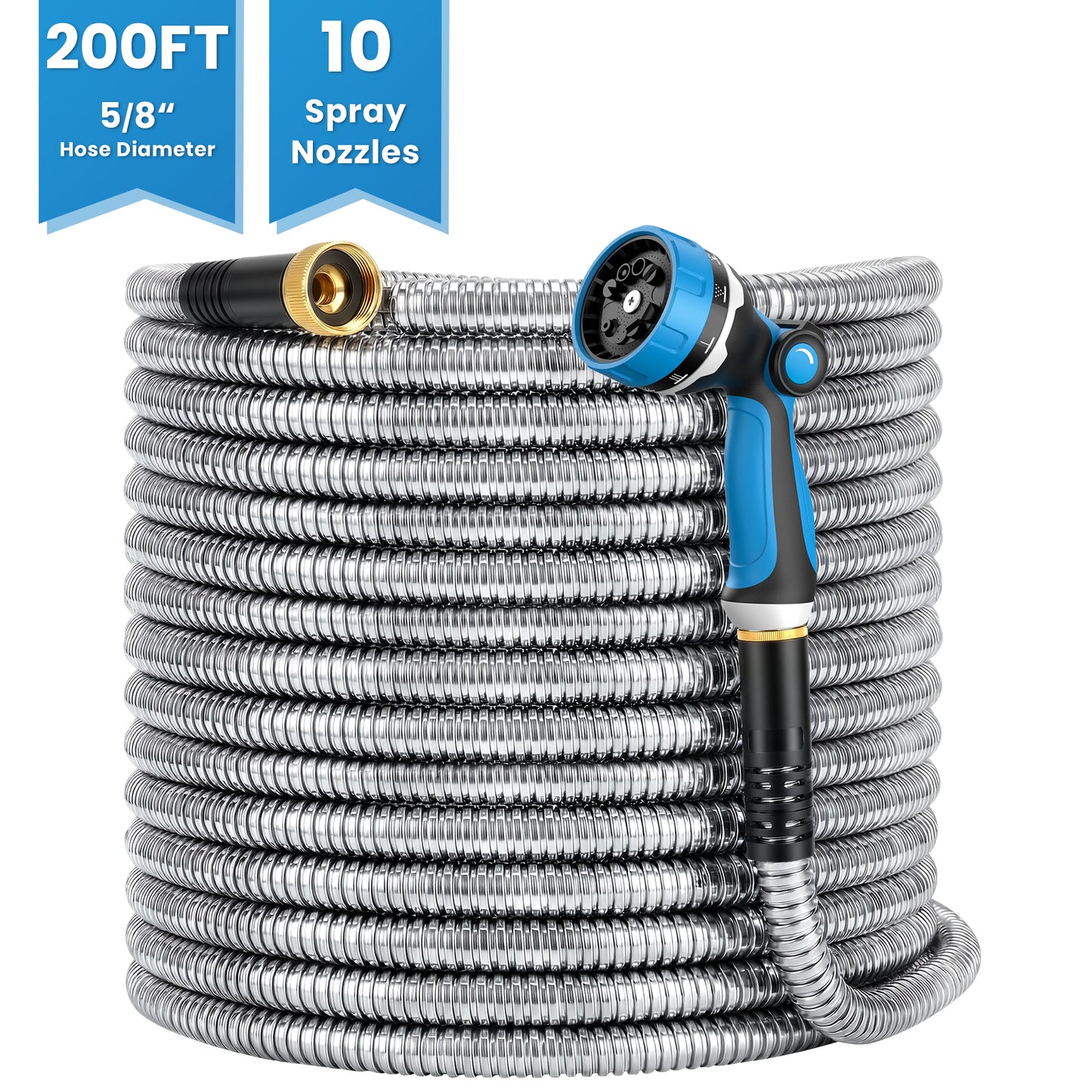 OHHANI Garden Hose 5/8" x 200ft Professional Stainless Steel Water Hose No Kink for Large Acreage, Construction, Agricultural Use