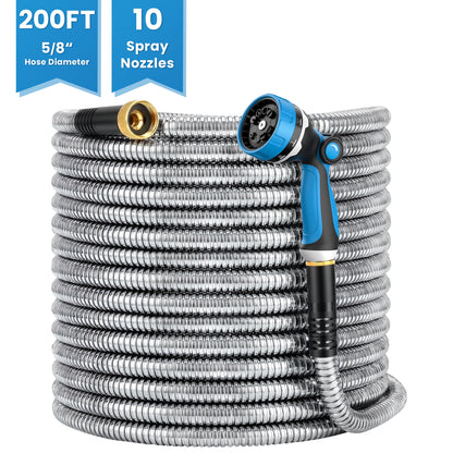 OHHANI Garden Hose 5/8" x 200ft Professional Stainless Steel Water Hose No Kink for Large Acreage, Construction, Agricultural Use