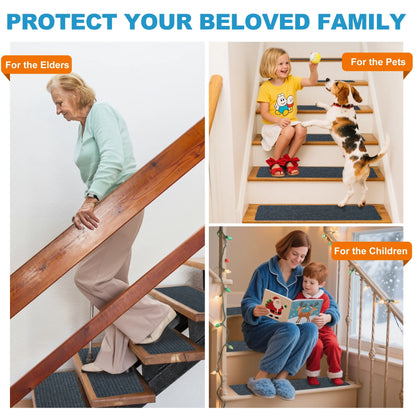 Hodvit Stair Treads 30"x8" (15 Pcs), Carpet Stair Treads for Wooden Steps Indoor, Self Adhesive Stair Anti Slip Mats , Safety Mats for Dogs, Kids & Elders Gray Stripe