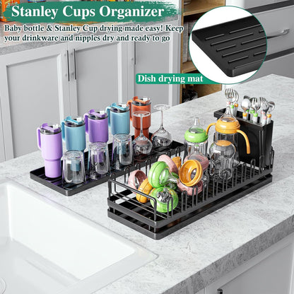 WEENEED 2-Tier Dish Drying Rack for Kitchen Counter, Large Capacity Stainless Steel Sink Drainer with Detachable Cutlery Basket, Removable Drain Tray, Silver