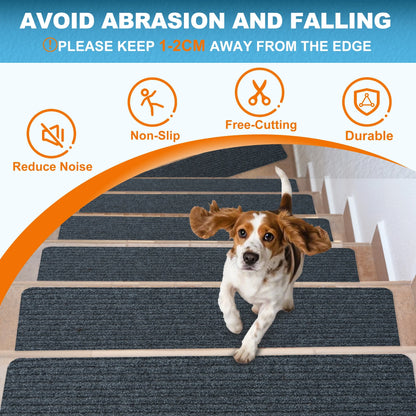 Hodvit Stair Treads 30"x8" (15 Pcs), Carpet Stair Treads for Wooden Steps Indoor, Self Adhesive Stair Anti Slip Mats , Safety Mats for Dogs, Kids & Elders Gray Stripe