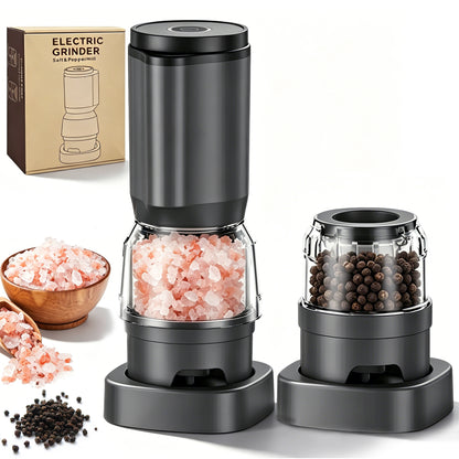 M Buder Electric Salt and Pepper Grinder Set, Rechargeable Automatic Salt Grinder and Pepper Mill with 2 Containers, Adjustable Coarseness, Gray