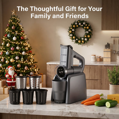 M Buder Electric Cheese Grater, 5 Blades Electric Grater for Home Kitchen, One-Touch Control Electric Cheese Shredder , Mandoline Slicer, Battery Digital Display, Gray