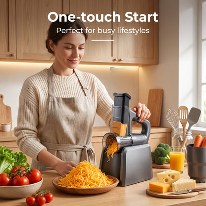 M Buder Electric Cheese Grater, 5 Blades Electric Grater for Home Kitchen, One-Touch Control Electric Cheese Shredder , Mandoline Slicer, Battery Digital Display, Gray
