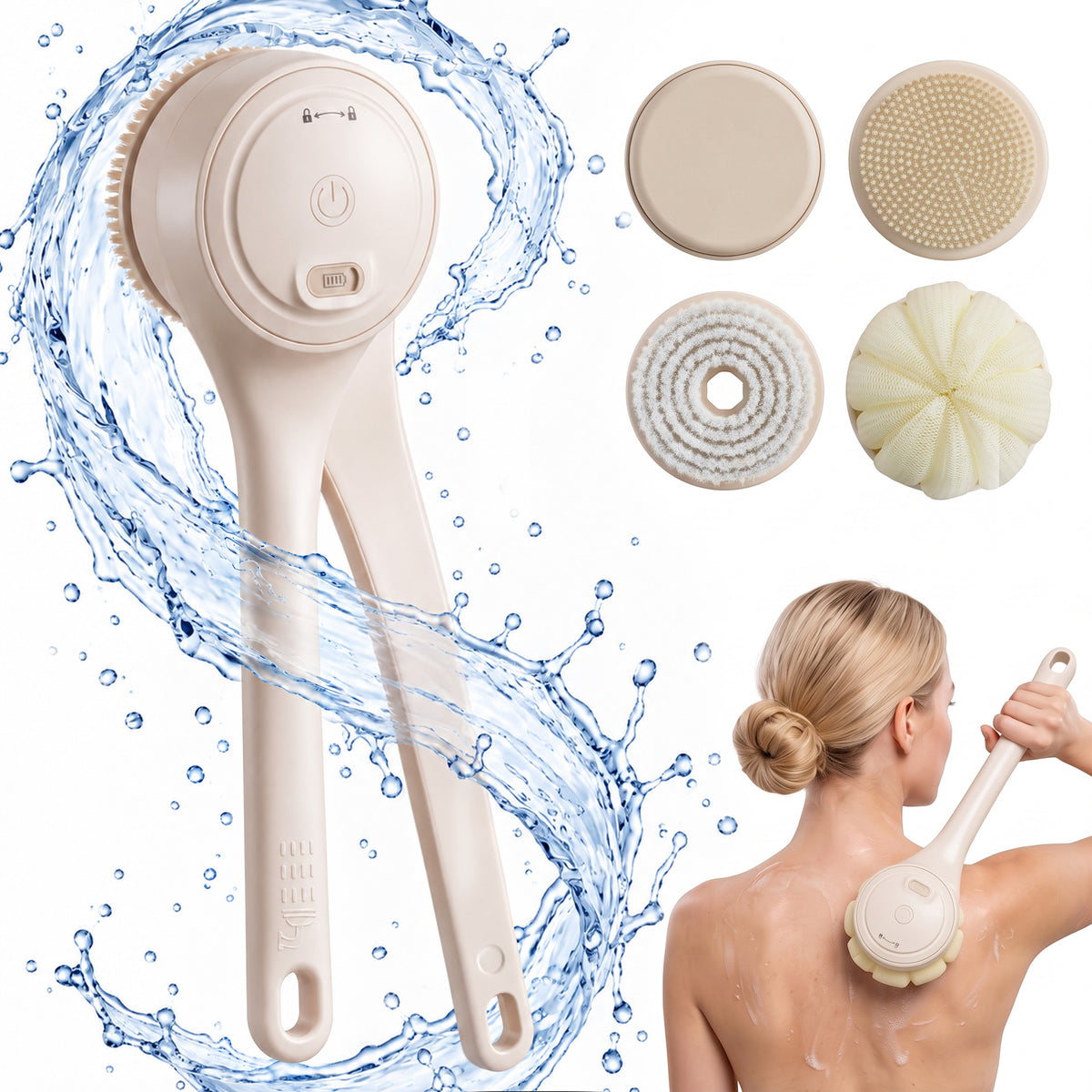 Bokyan Electric Body Brush, Rechargeable Shower Brush with Long Handle, IPX7 Waterproof Spin Skin Brush with 4 Brush Heads, Head Holder