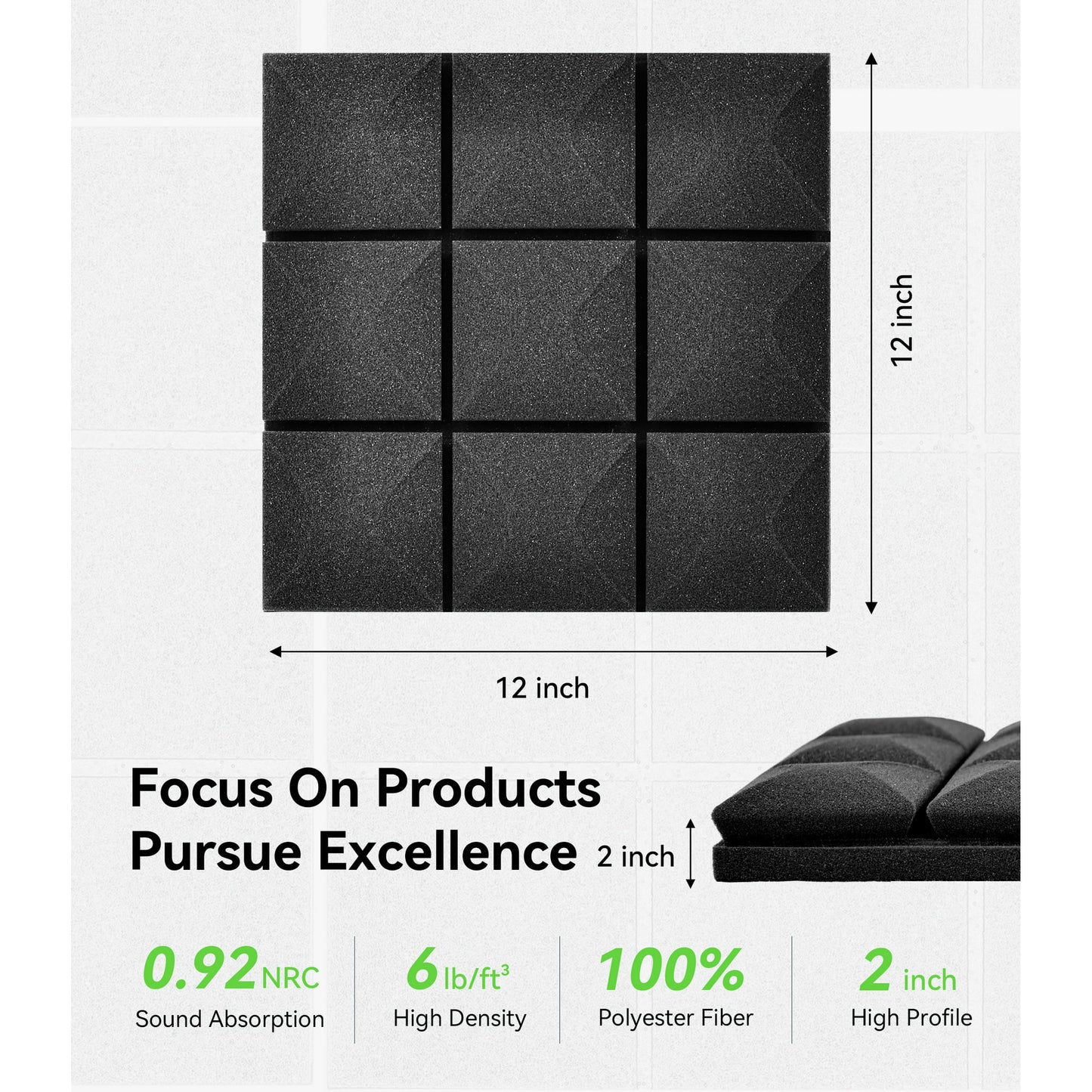 Hodvit 24 Pack Acoustic Foam Panels, 2" x 12" x 12" Mushroom Sound Proof Foam Panles Soundproofing Noise Cancelling Wedge Panels for Home Office Recoding Studio, Black