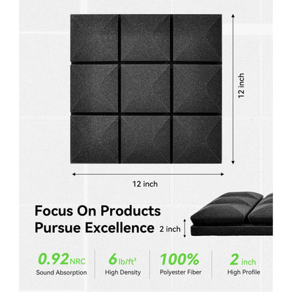 Hodvit 24 Pack Acoustic Foam Panels, 2" x 12" x 12" Mushroom Sound Proof Foam Panles Soundproofing Noise Cancelling Wedge Panels for Home Office Recoding Studio, Black