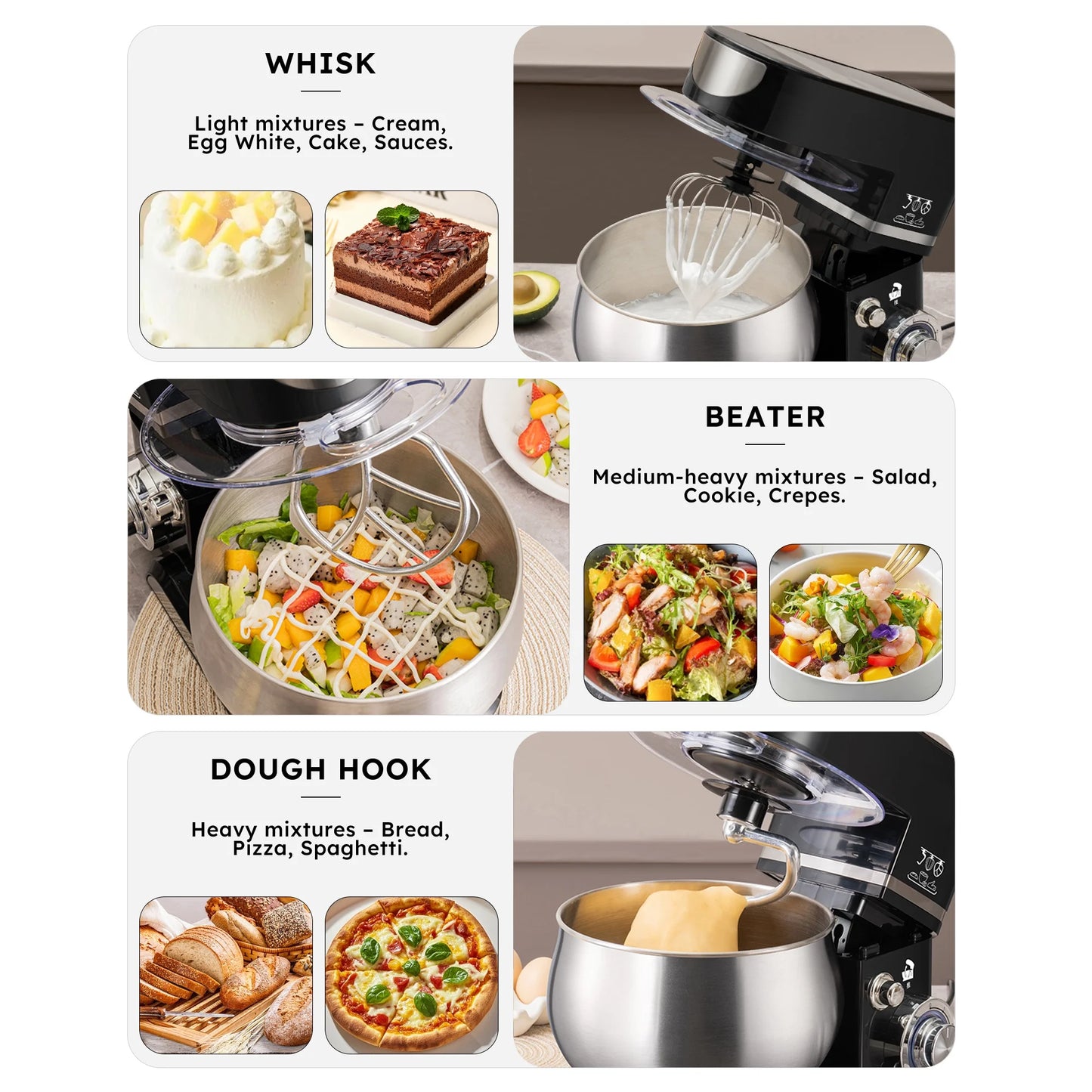 Casualife Stand Mixer,6.5-QT 6-Speed Tilt-Head Food Mixer, Kitchen Electric Mixer with Dough Hook, Wire Whip & Beater