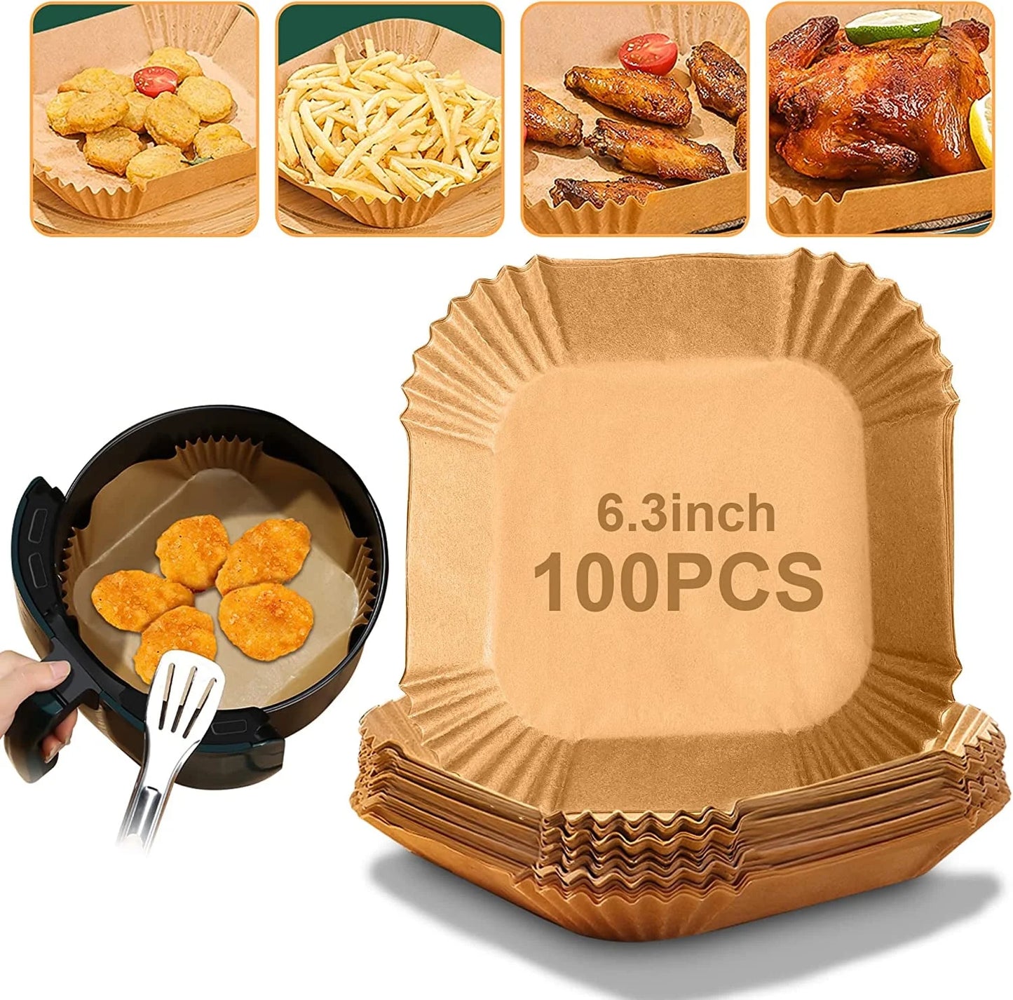 M Buder 100 PCS 6.3-inch Square Air Fryer Liners, Non-stick, Oil-proof, Waterproof Parchment Paper