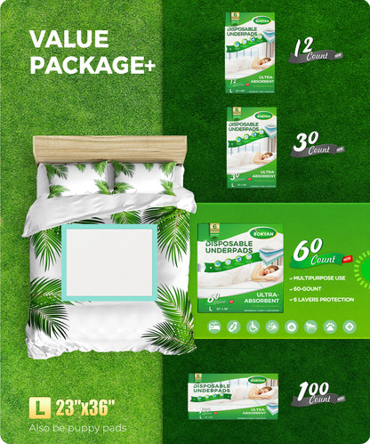 BOKYAN Disposable Underpads, 23 x 36 Disposable Incontinence Bed Pads for Adults, Puppy Pads, 60 Count