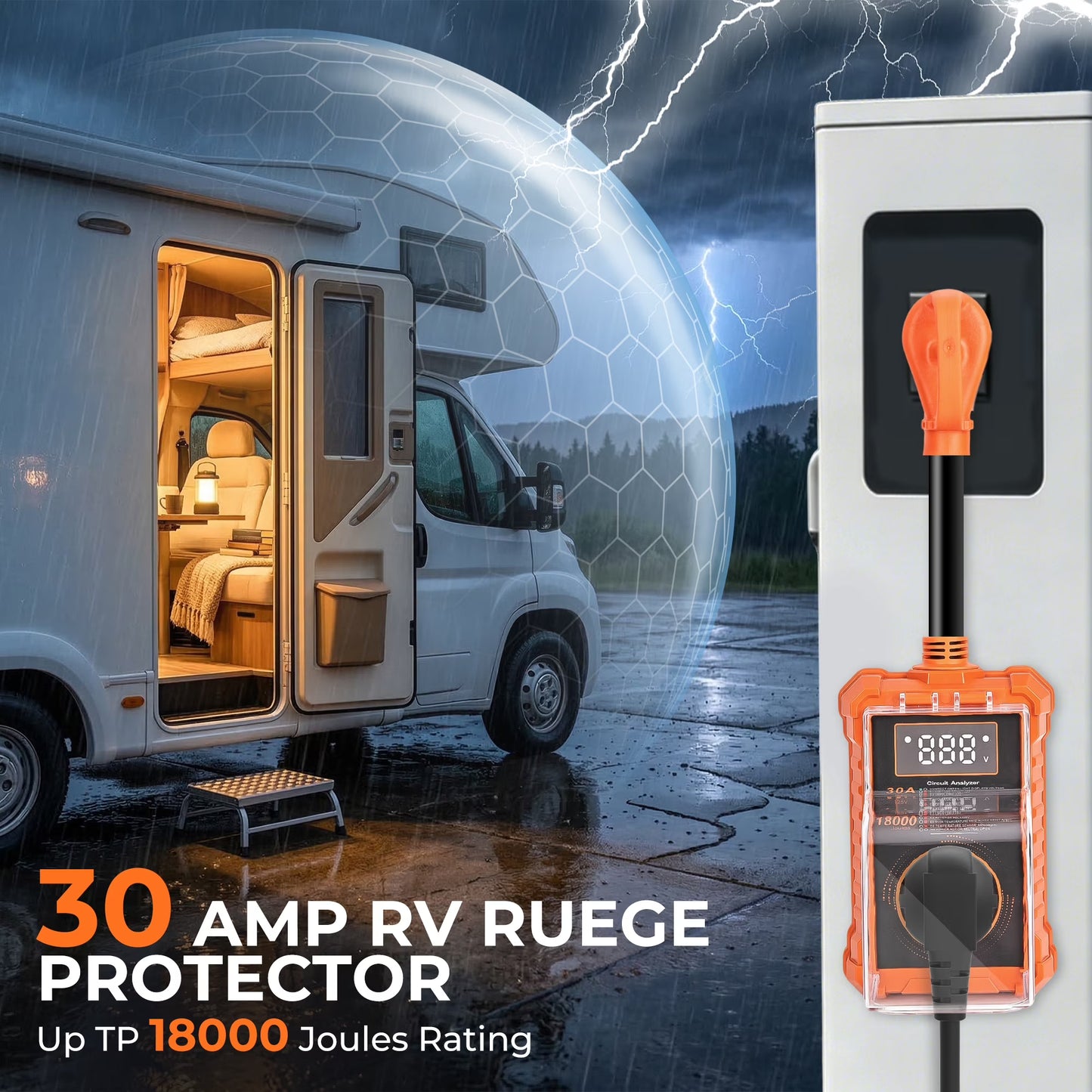 MORSUMA RV Surge Protector 30 Amp, Smart RV Power Protector with LED Display, 18000J, Auto Shut-Off & Reset, Waterproof, Orange