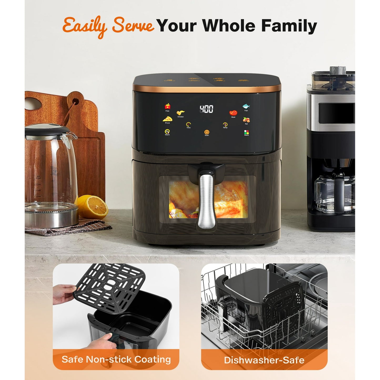 Suodoka Air Fryer 10 Qt Max 450F for Cooking, 6 Presets Fry Touch Panel Easy View Window, New Black