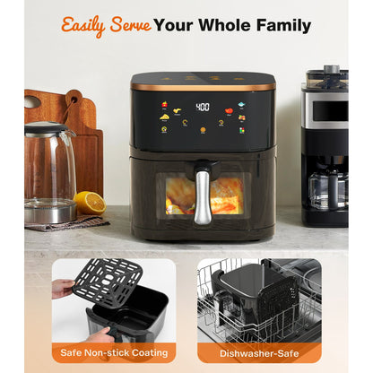 Suodoka Air Fryer 10 Qt Max 450F for Cooking, 6 Presets Fry Touch Panel Easy View Window, New Black