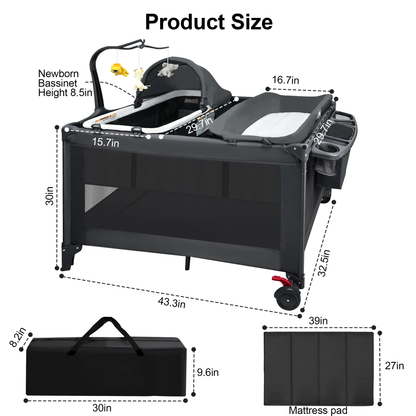RUPOUN Baby Playards, Foldable Nursery Center Playpen and Toy Mobile, Portable Travel Bassinet, Locking Wheels, Gray