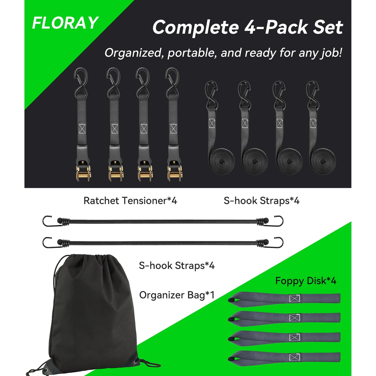 Floray 1" x 15' Heavy Duty Ratchet Straps – Tie Down Straps with S Hooks, 1,800lbs Break Strength – 4 Pack Retractable Cargo Straps for Trucks, Trailers, and Outdoor Gear