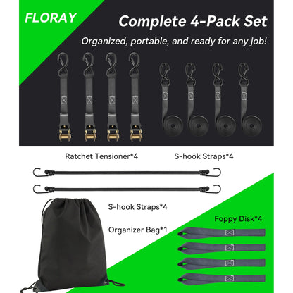Floray 1" x 15' Heavy Duty Ratchet Straps – Tie Down Straps with S Hooks, 1,800lbs Break Strength – 4 Pack Retractable Cargo Straps for Trucks, Trailers, and Outdoor Gear